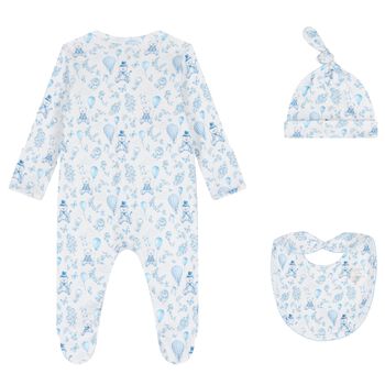 Baby Boys White & Blue Toile de Jouy Babygrow Set