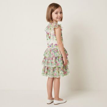 Girls Ivory & Green Embroidered Floral Dress