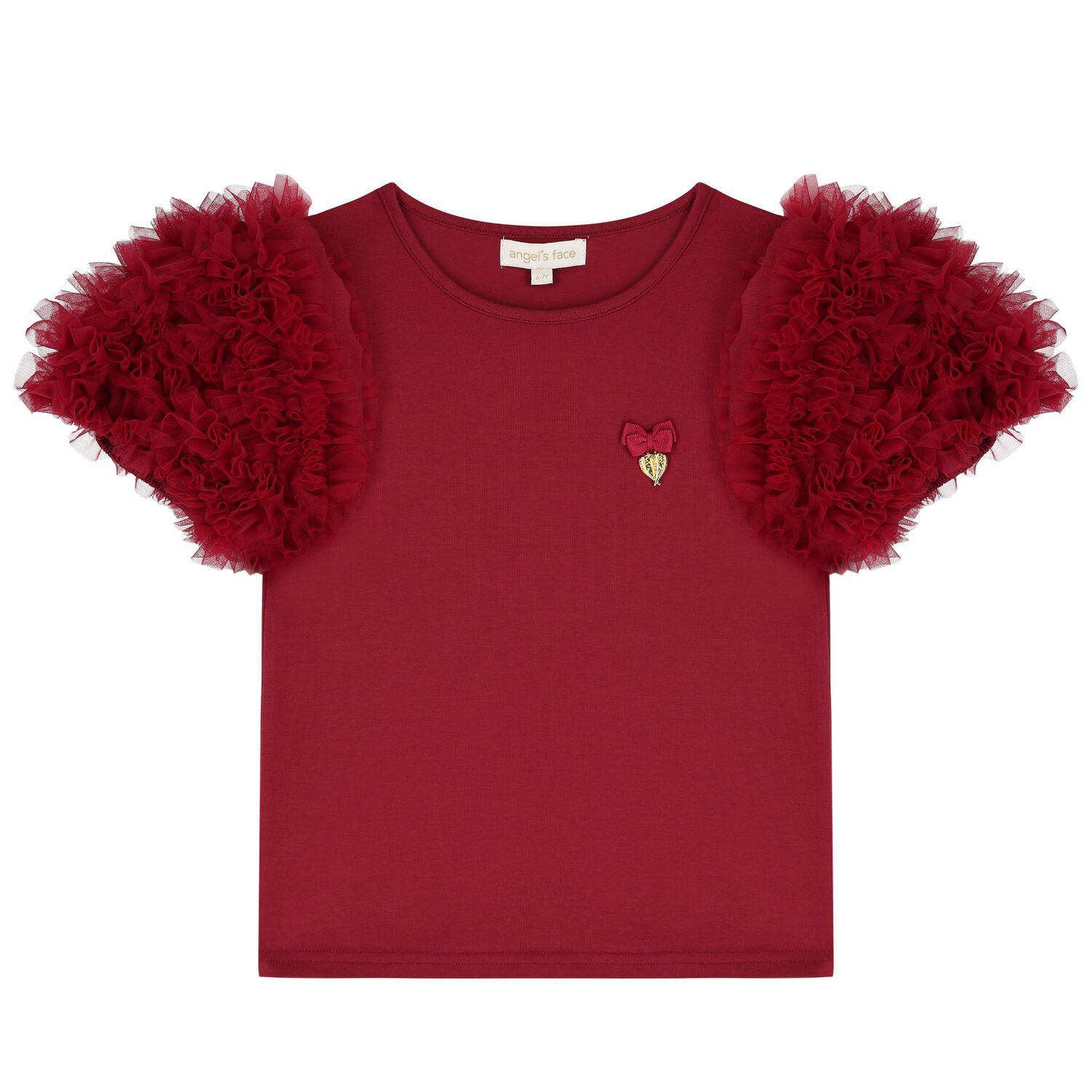 Girls Burgundy Tulle Sleeve T-Shirt, 3, hi-res