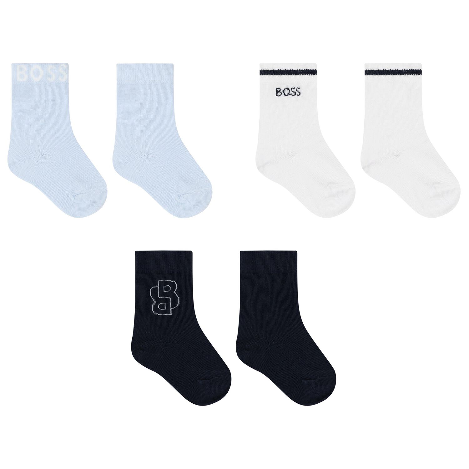 Baby Boys White & Navy Blue Logo Socks ( 3-Pack ), 1, hi-res