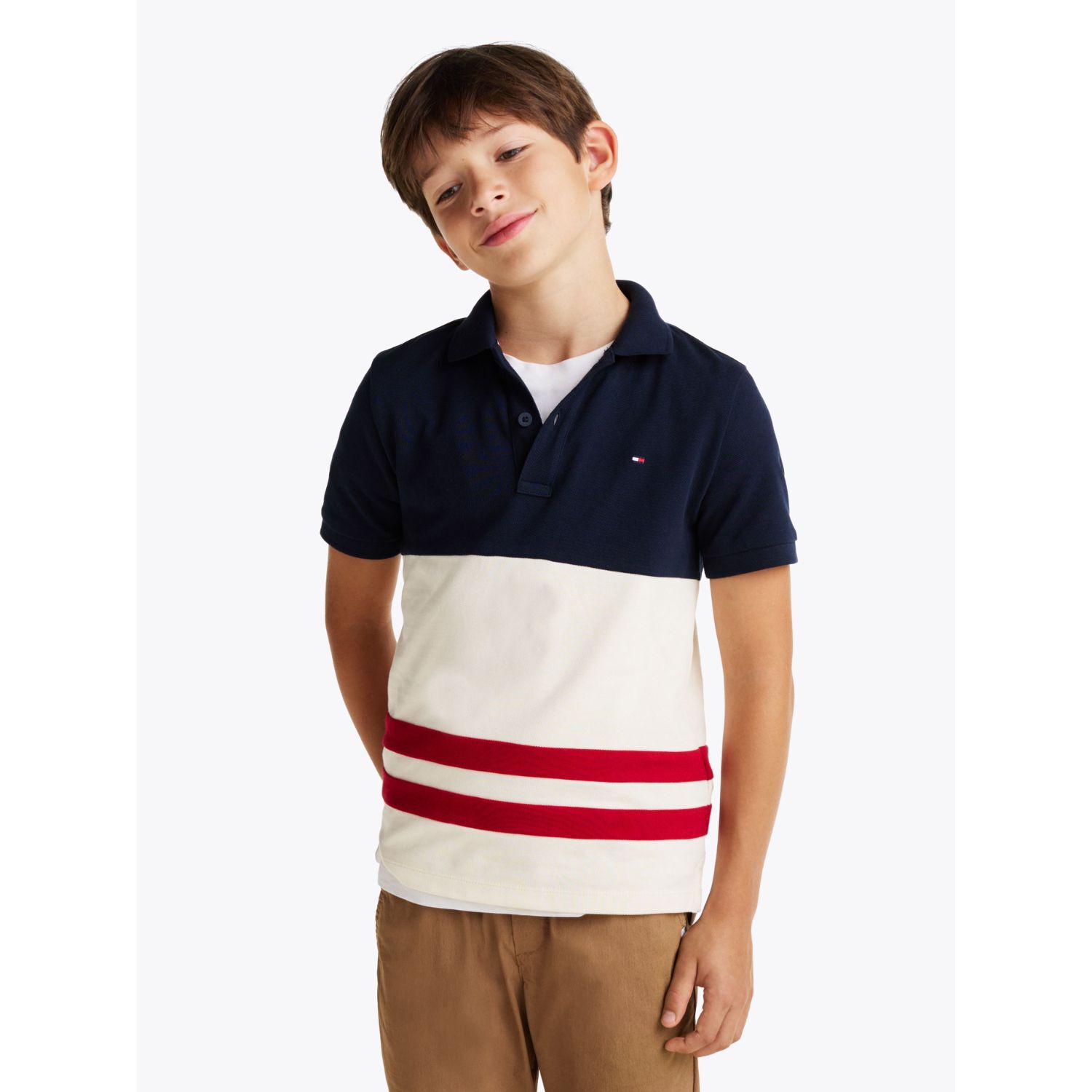 Boys Navy Blue, Beige & Red Polo Shirt, 1, hi-res image number null