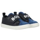 Boys Navy Blue Logo Trainers, 1, hi-res
