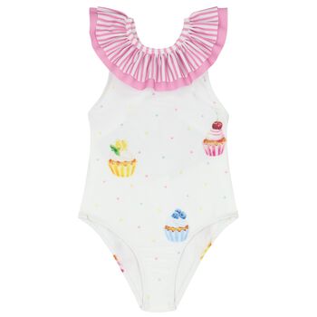 Girls White & Pink Cupcake Swimsuit