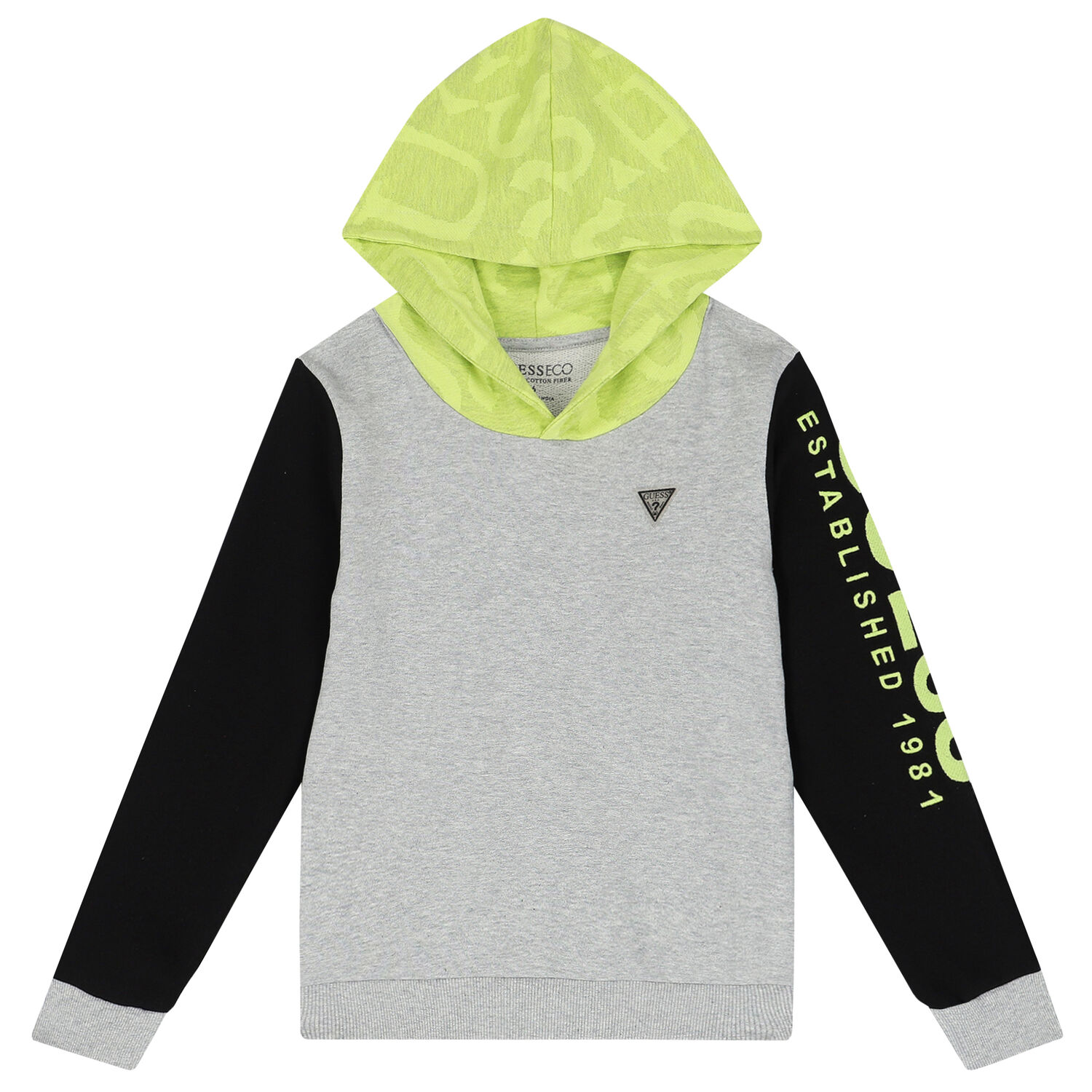 Boys Grey & Neon Green Logo Hooded Top, 1, hi-res