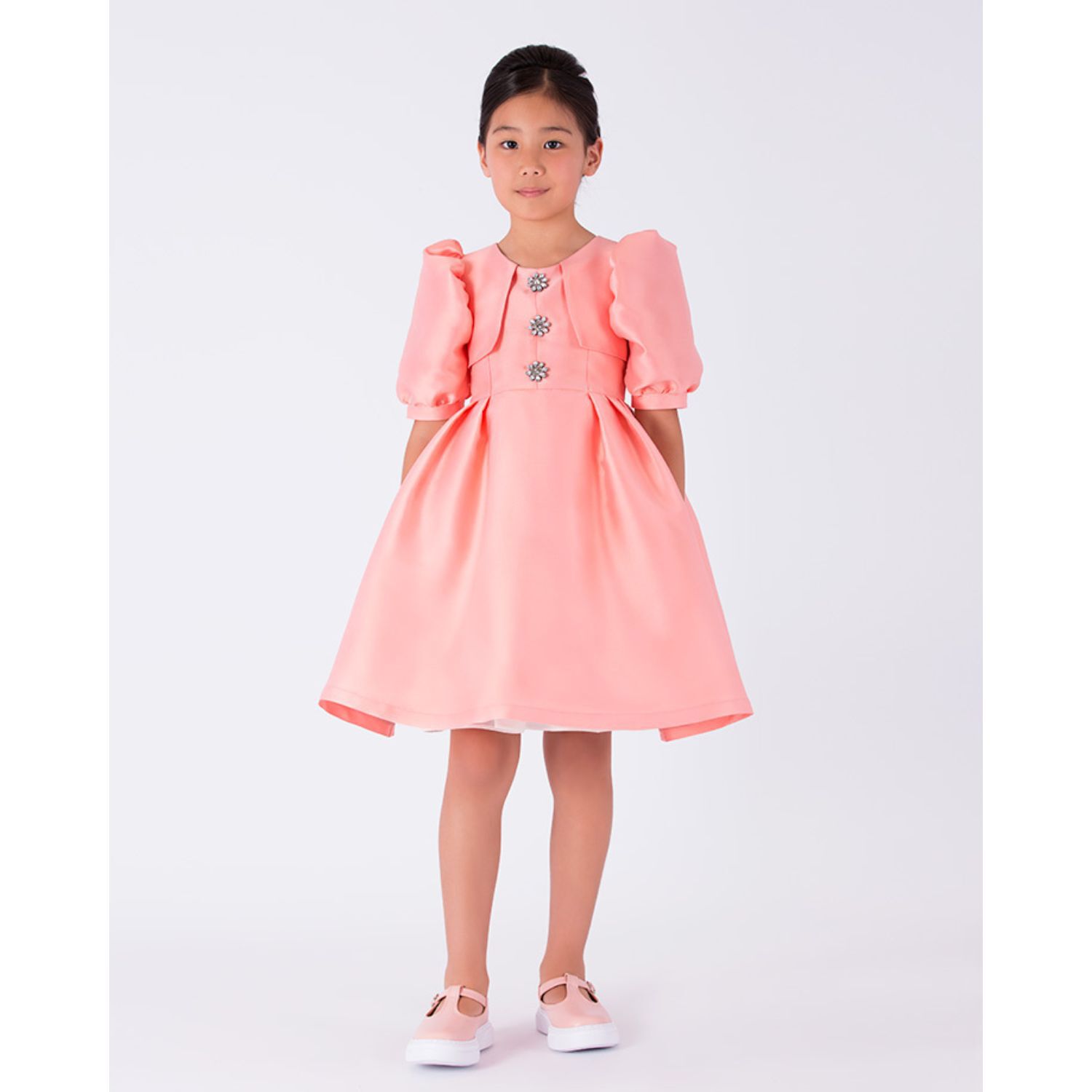 Girls Coral Satin Dress, 1, hi-res