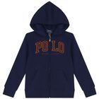 Boys Navy Blue Logo Hooded Zip Up Top, 2, hi-res