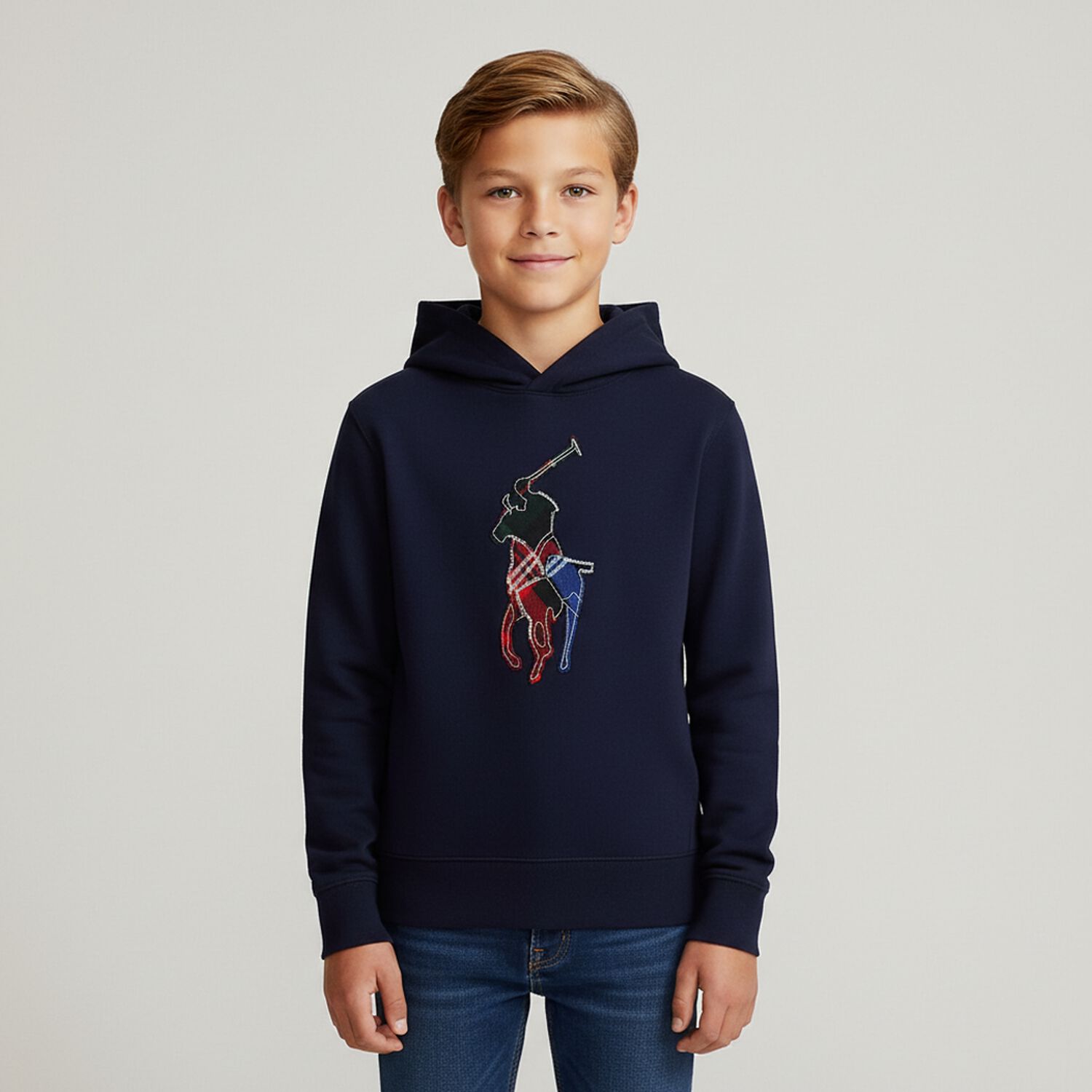 Boys Navy Blue Logo Hooded Top, 1, hi-res image number null