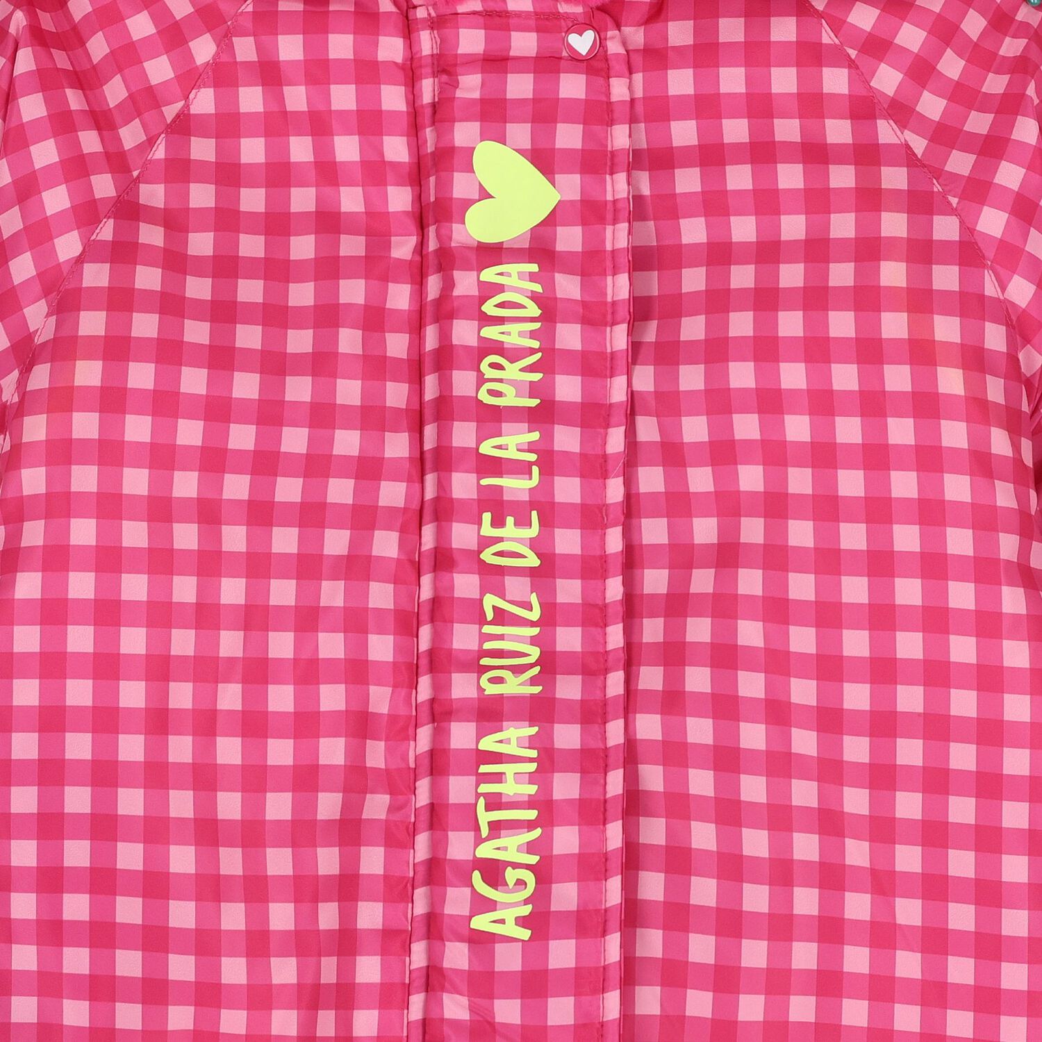 Girls Pink Gingham Logo Hooded Puffer Coat, 1, hi-res