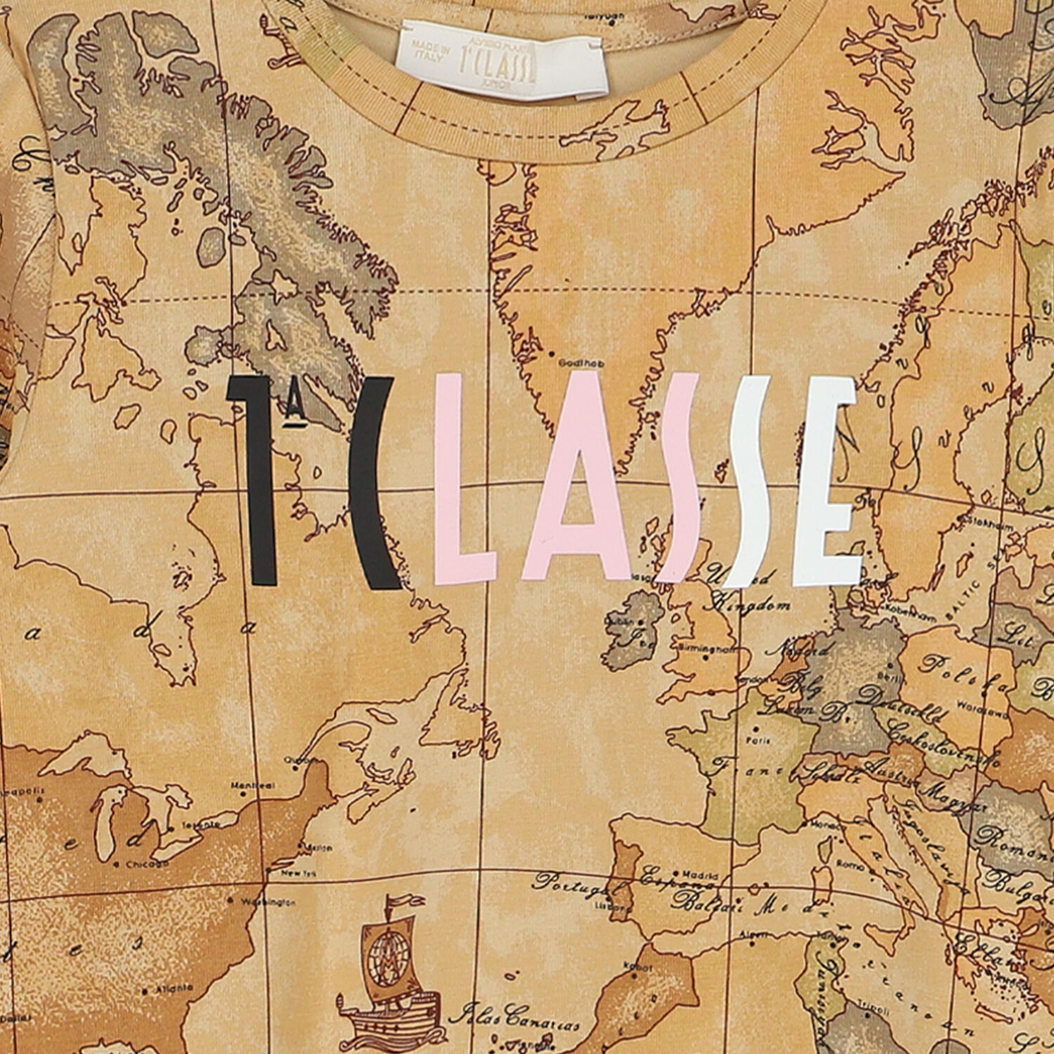 Girls Beige & Black Geo Map Dress, 1, hi-res