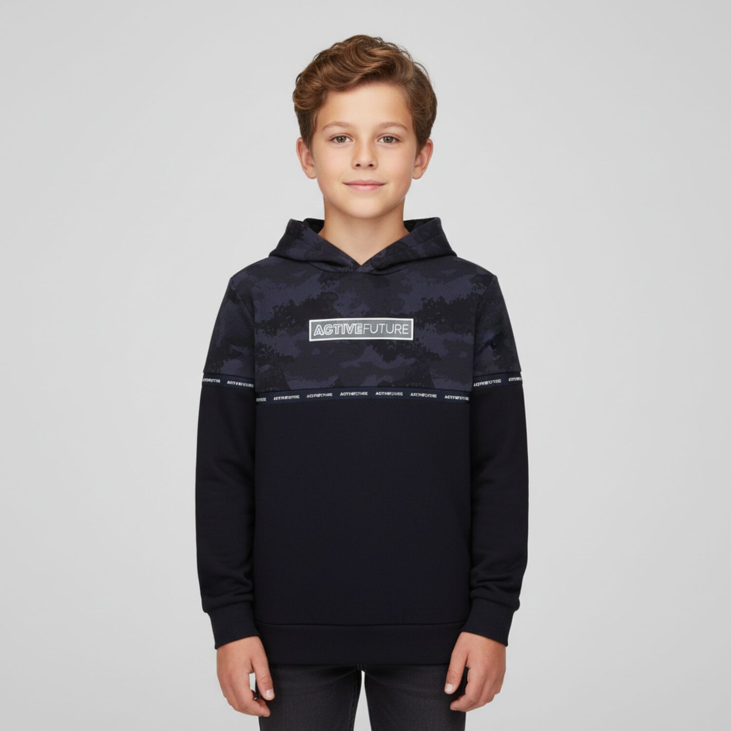 Boys Navy Camouflage Hooded Top, 1, hi-res