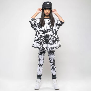 Girls Black & White Graffiti Logo Leggings