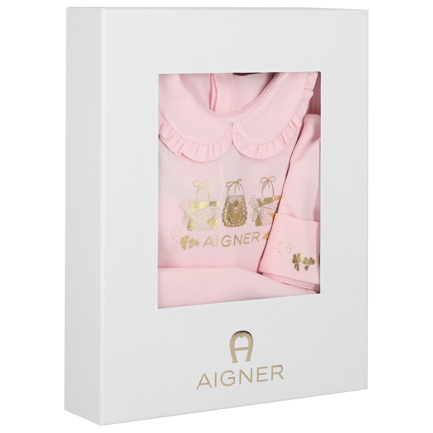 Baby Girls Pink & Gold Logo Babygrow, Hat & Bib Gift Set, 1, hi-res image number null