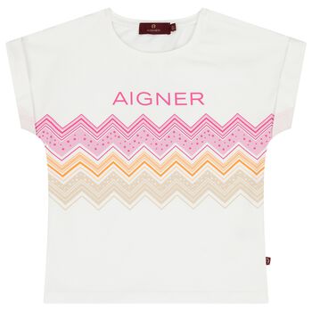 Aigner Girls White Zigzag Logo T-Shirt, 1 Girls White Zigzag Logo T-Shirt