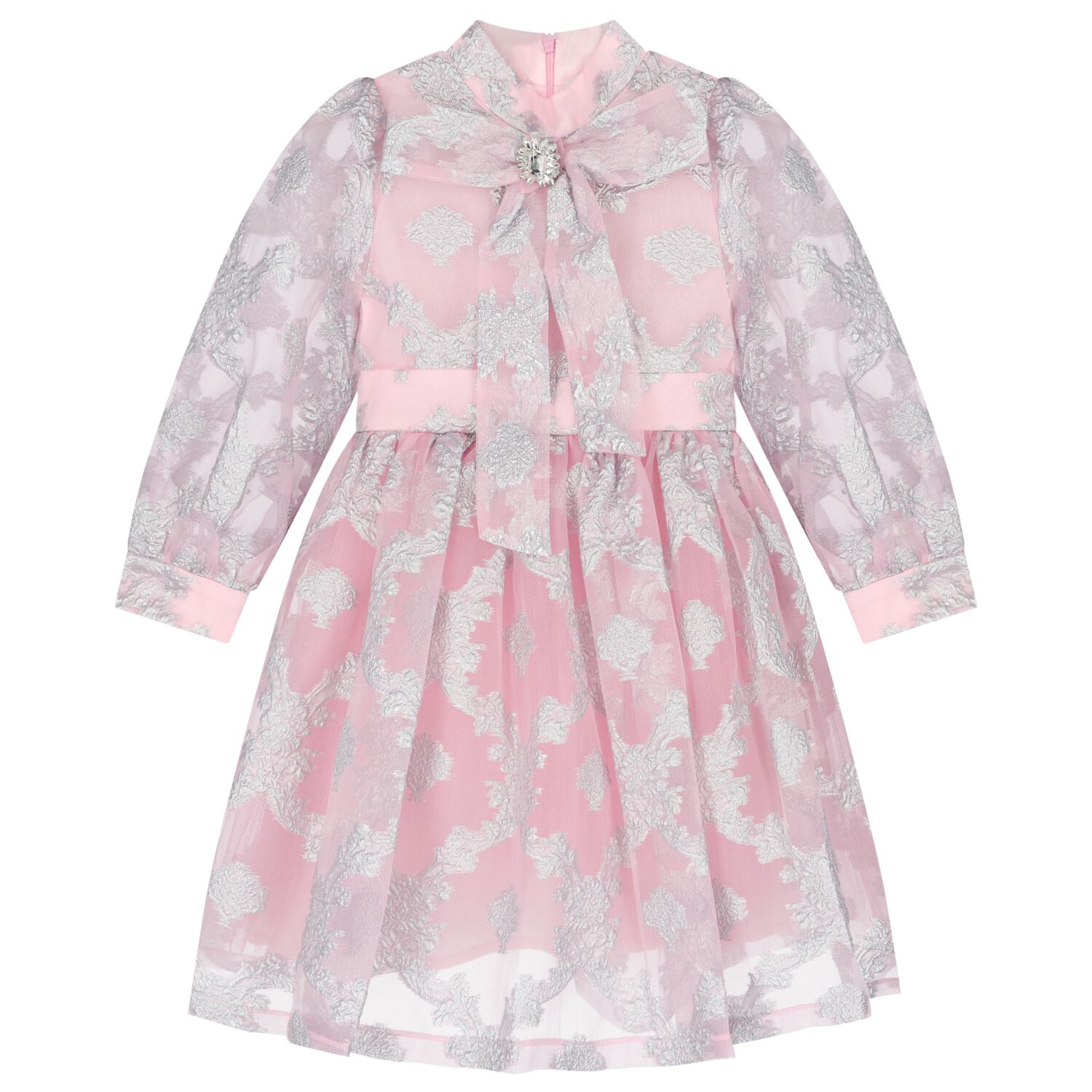 Girls Pink & Silver Jacquard Floral Dress, 1, hi-res