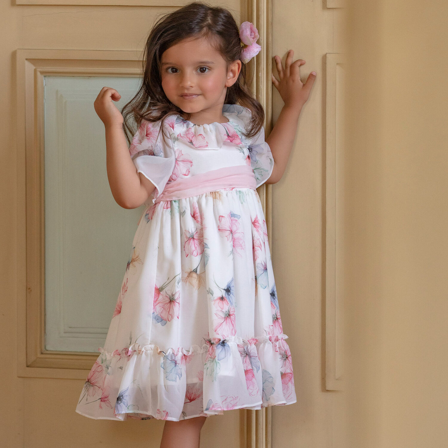 Younger Girls White Floral Chiffon Dress, 1, hi-res