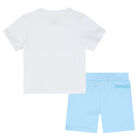 Younger Boys White & Blue Logo Shorts Set, 1, hi-res