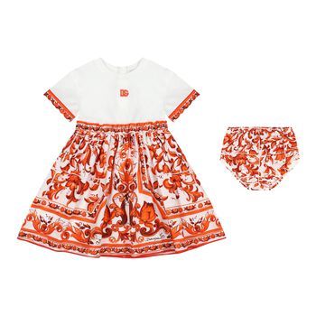 Baby Girls White & Orange Majolica Dress Set
