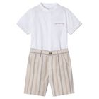 Boys White & Beige Shorts Set, 1, hi-res