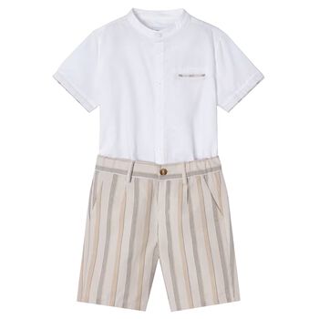 Boys White & Beige Shorts Set