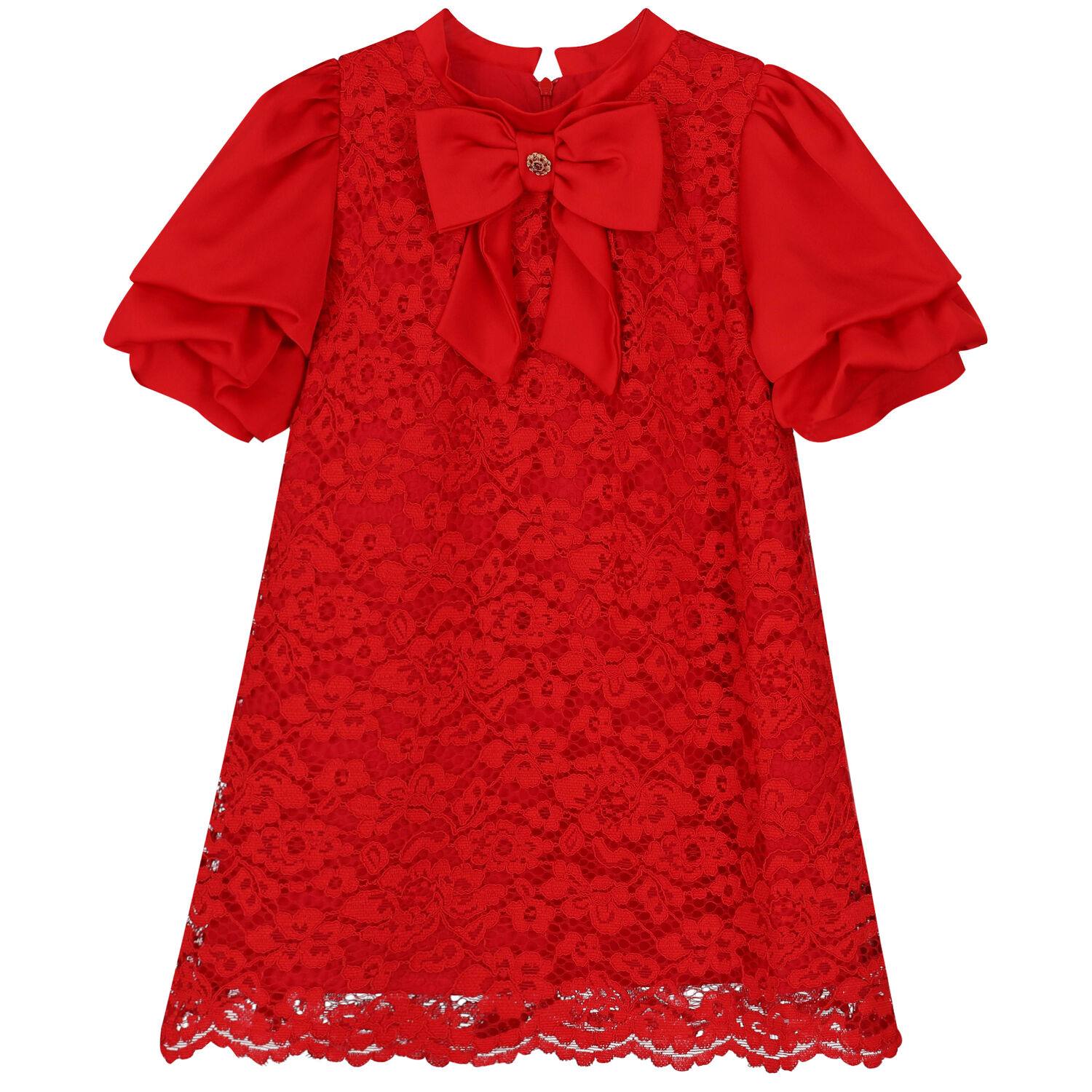 Girls Red Satin & Lace Dress, 1, hi-res