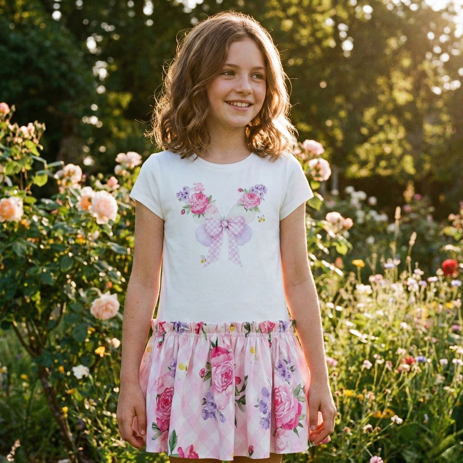 Girls White & Pink Floral Dress, 1, hi-res