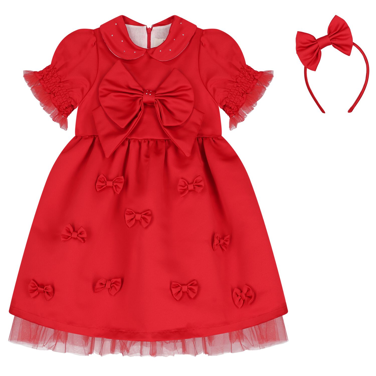 Girls Red Bow Satin Dress & Hairband Set, 1, hi-res