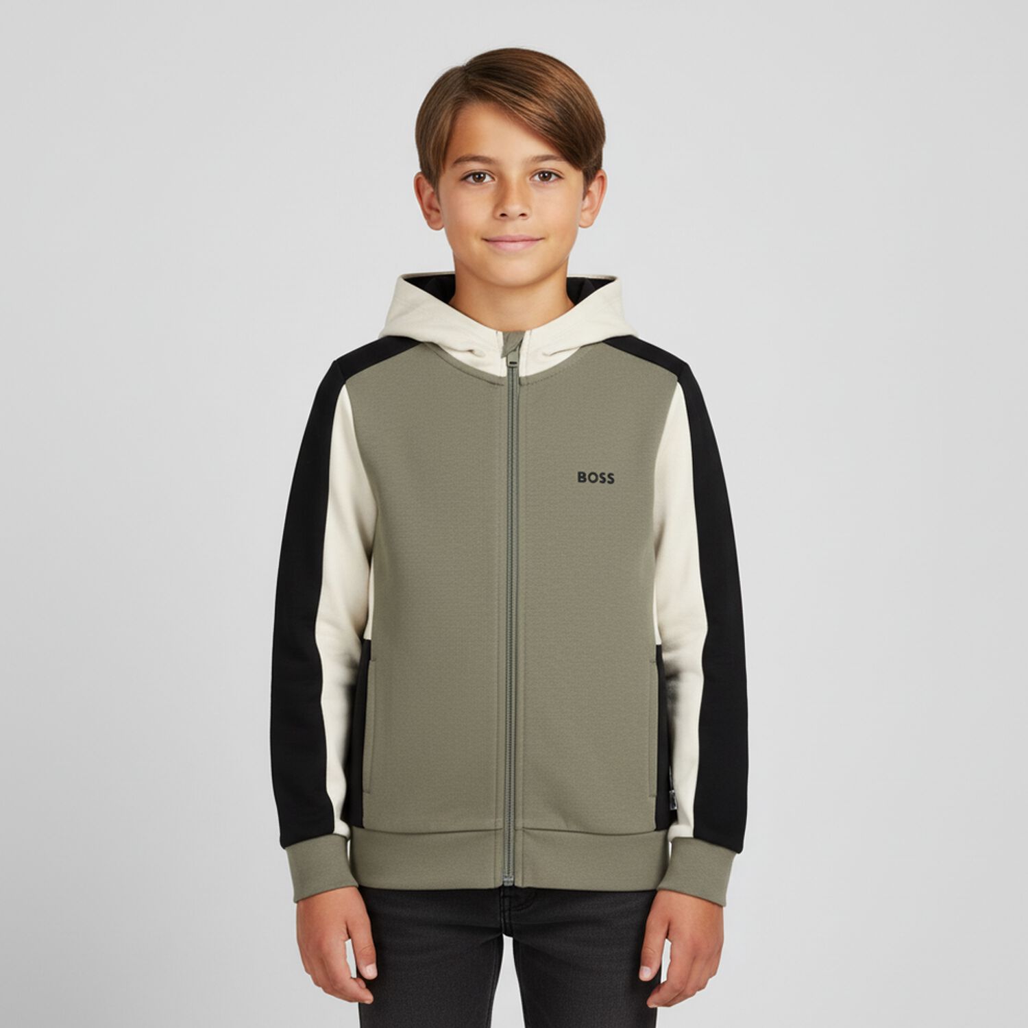 Boys Green, Black & Ivory Logo Hooded Zip Up Top, 3, hi-res