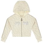 Girls Beige Logo Hooded Zip Up Top, 1, hi-res
