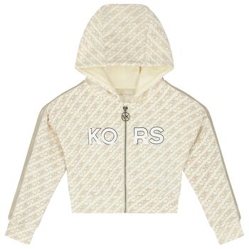 Girls Beige Logo Hooded Zip Up Top