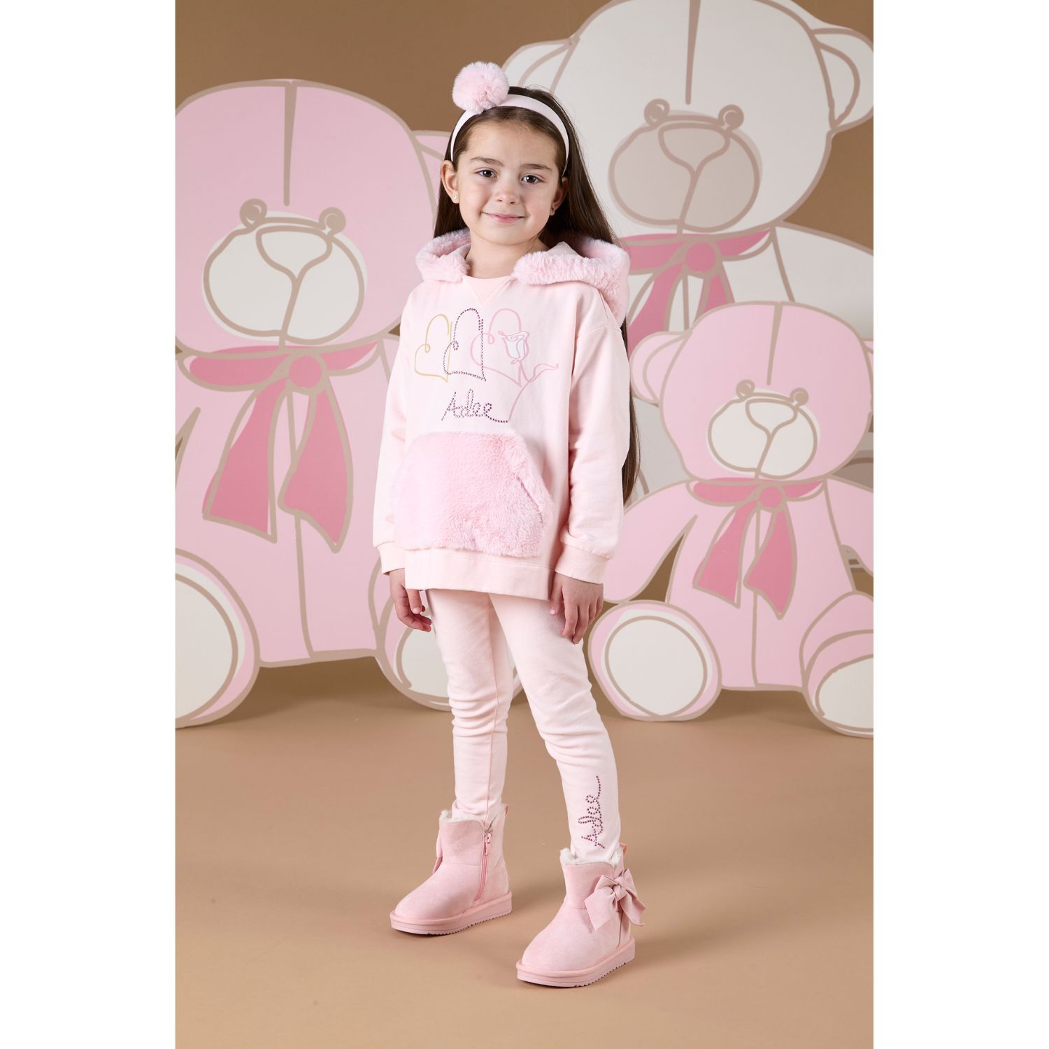 Girls Pink Logo Faux fur Leggings Set, 1, hi-res image number null