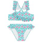 Girls Aqua Flamingo Print Bikini, 1, hi-res