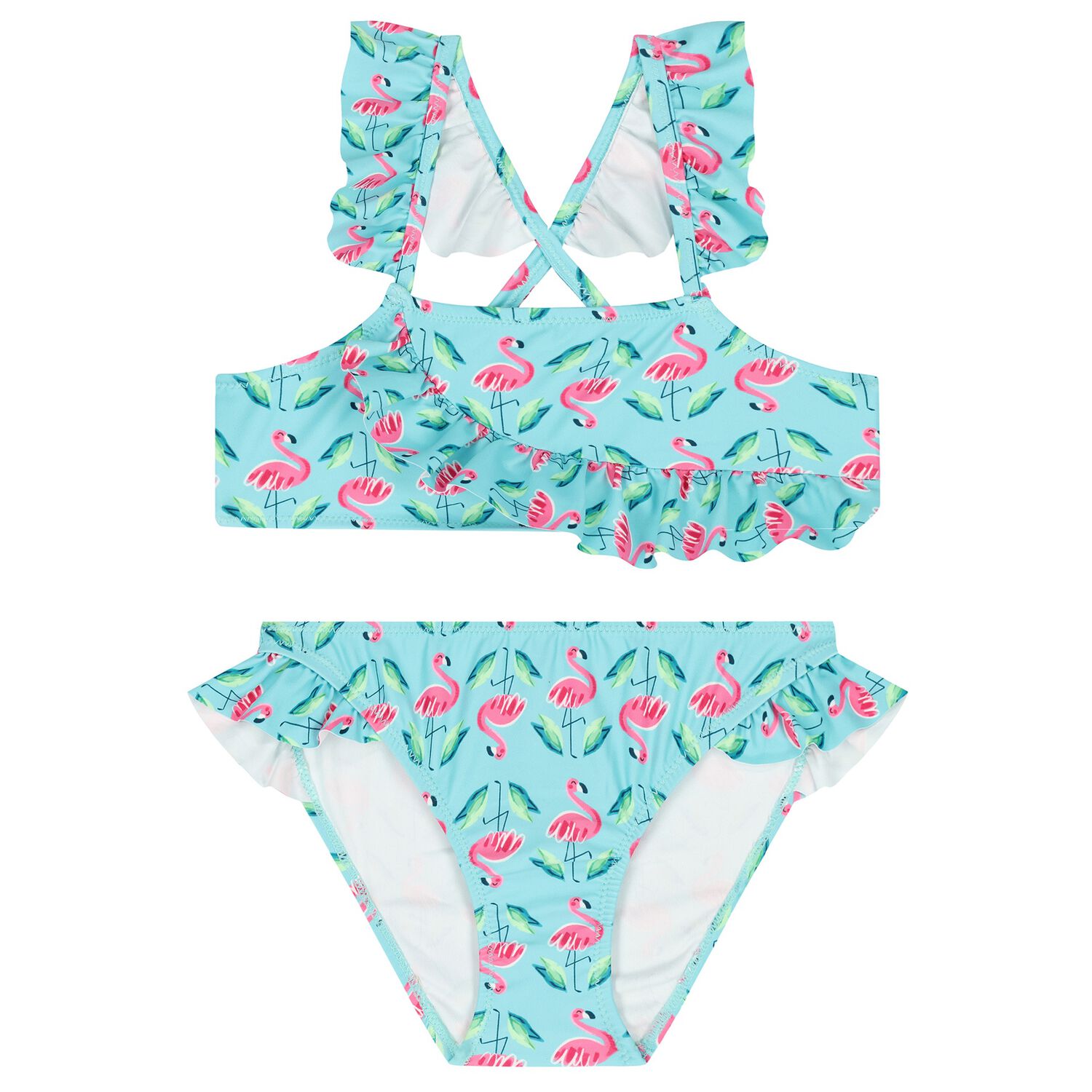 Girls Aqua Flamingo Print Bikini, 1, hi-res image number null
