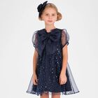 Girls Navy Blue Chiffon & Tulle Sequin Dress, 1, hi-res