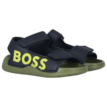 Boys Navy Blue & Green Logo Sandals
