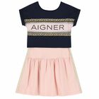 Girls Pink and Navy Blue Logo Dress Set, 2, hi-res