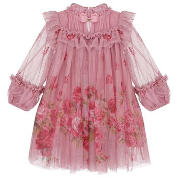 Girls Pink Floral Ruffled Tulle Dress