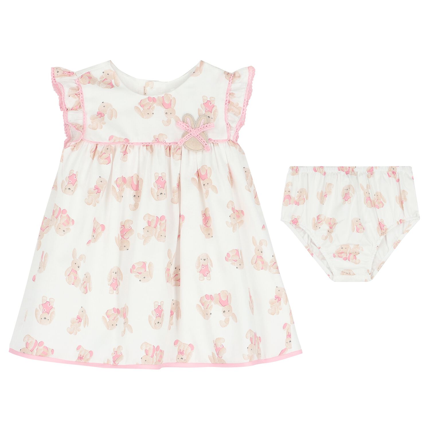 Baby Girls White & Pink Bunny Dress Set, 1, hi-res