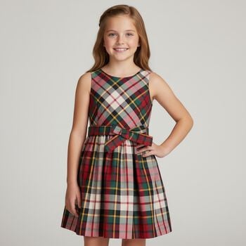 Girls Red & Green Tartan Satin Dress