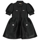 Girls Black Satin Puff Sleeve Dress, 2, hi-res