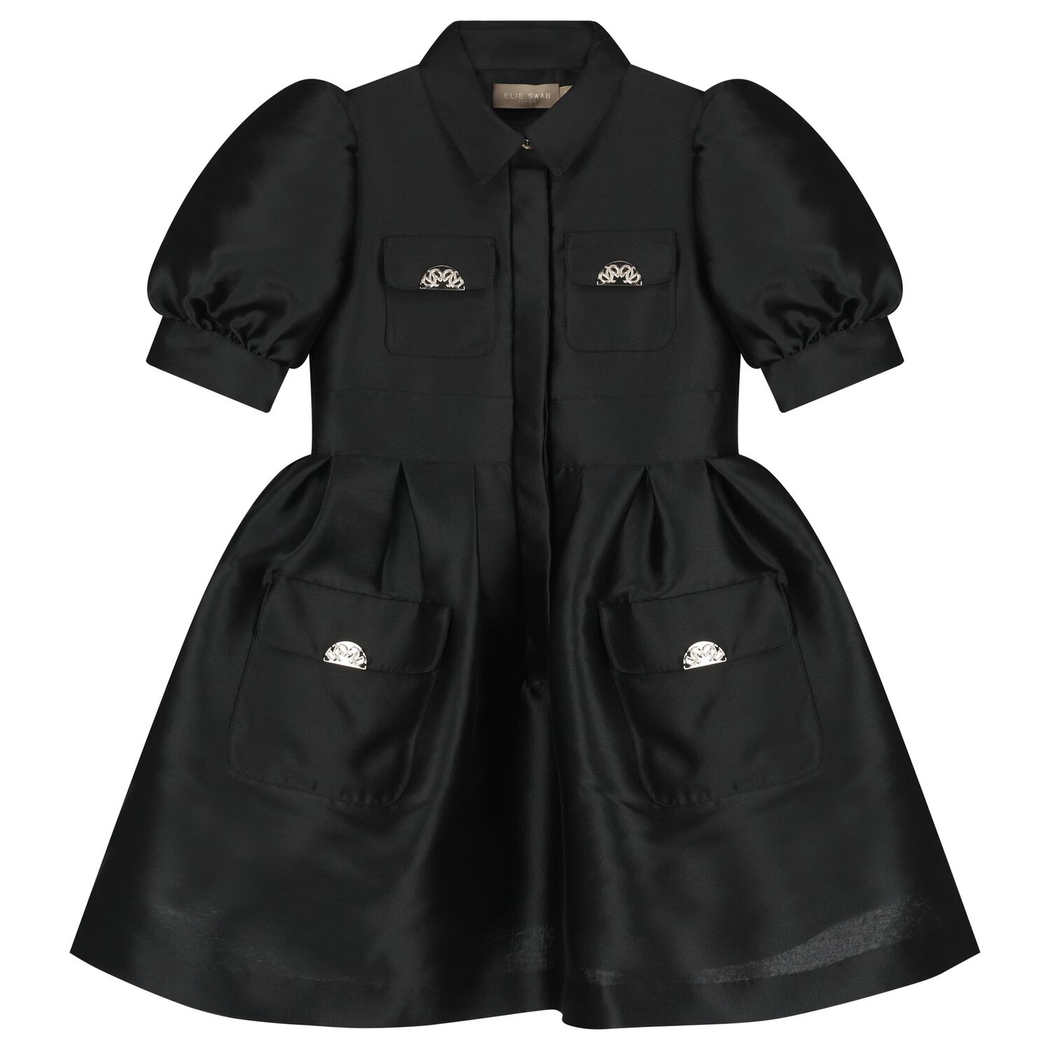 Girls Black Satin Puff Sleeve Dress, 2, hi-res