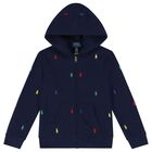 Boys Navy Blue Logo Hooded Zip Up Top, 1, hi-res