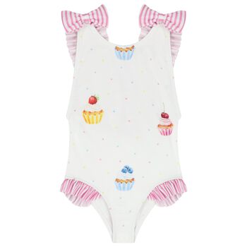 Girls White & Pink Cupcake Swimsuit