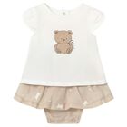 Baby Girls White & Beige Teddy Bear Skirt Set, 2, hi-res