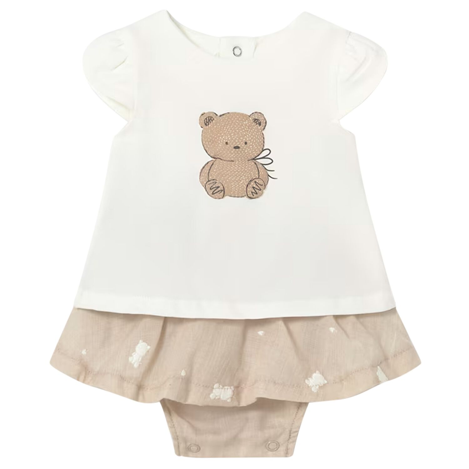 Baby Girls White & Beige Teddy Bear Skirt Set, 2, hi-res