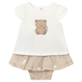 Baby Girls White & Beige Teddy Bear Skirt Set