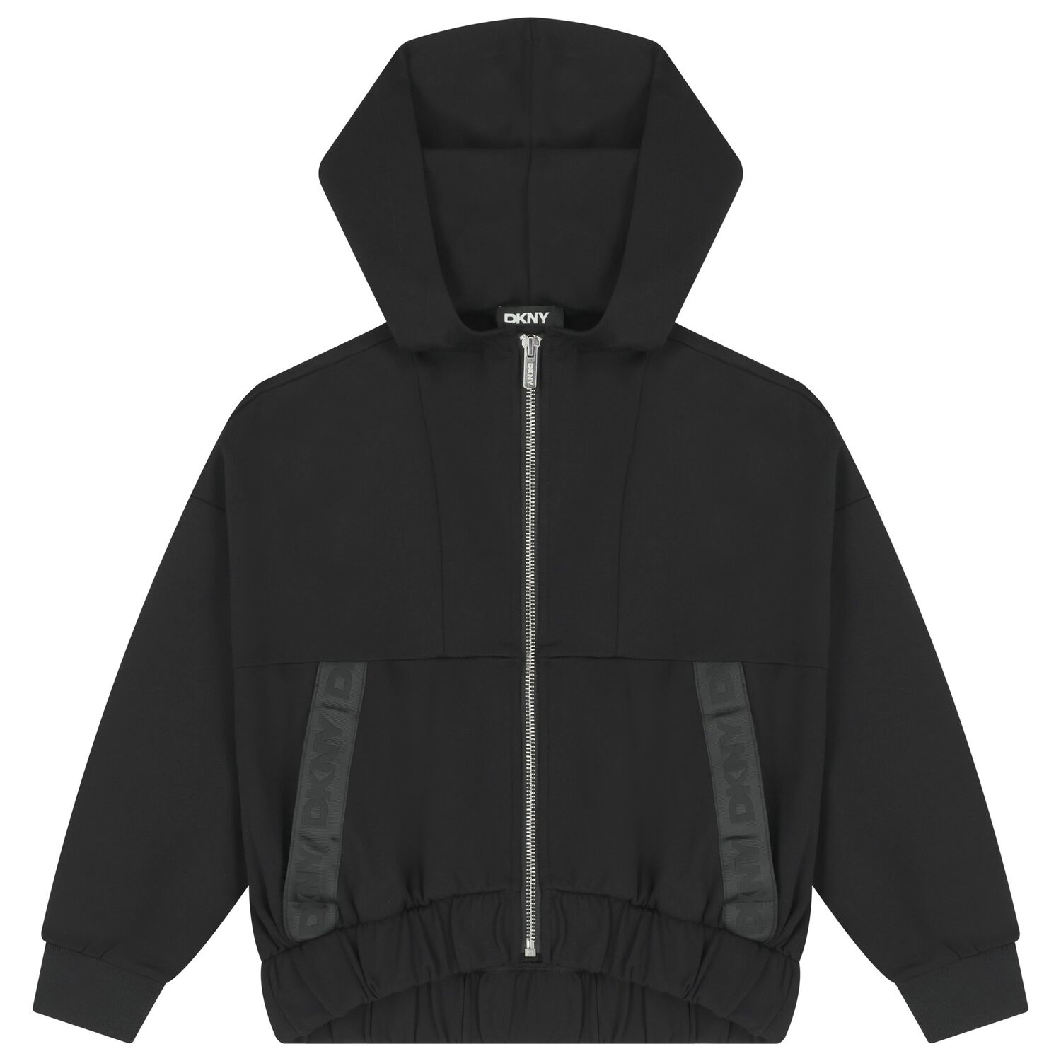 Girls Black Logo Hooded Zip-Up Top, 1, hi-res