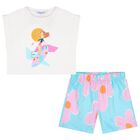 Girls White & Aqua Floral Shorts Set, 2, hi-res