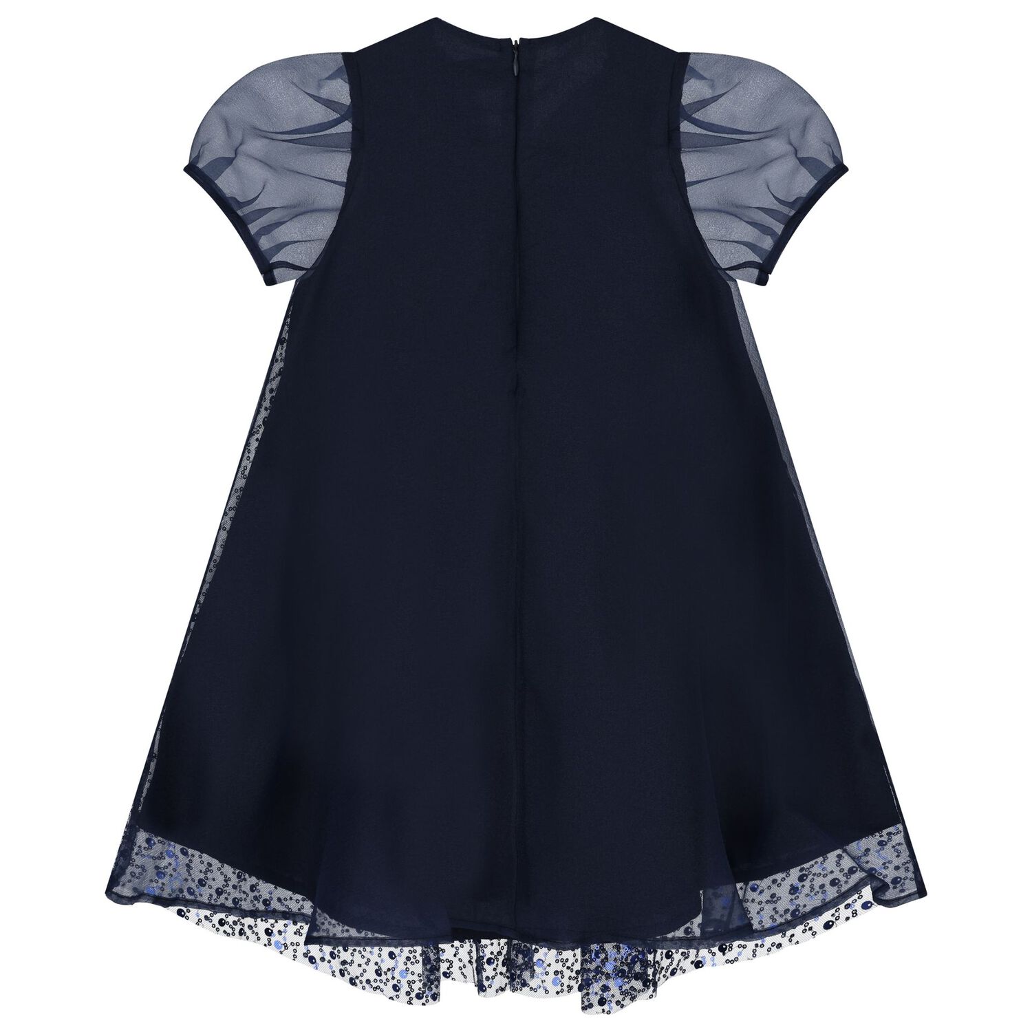 Girls Navy Blue Chiffon & Tulle Sequin Dress, 1, hi-res