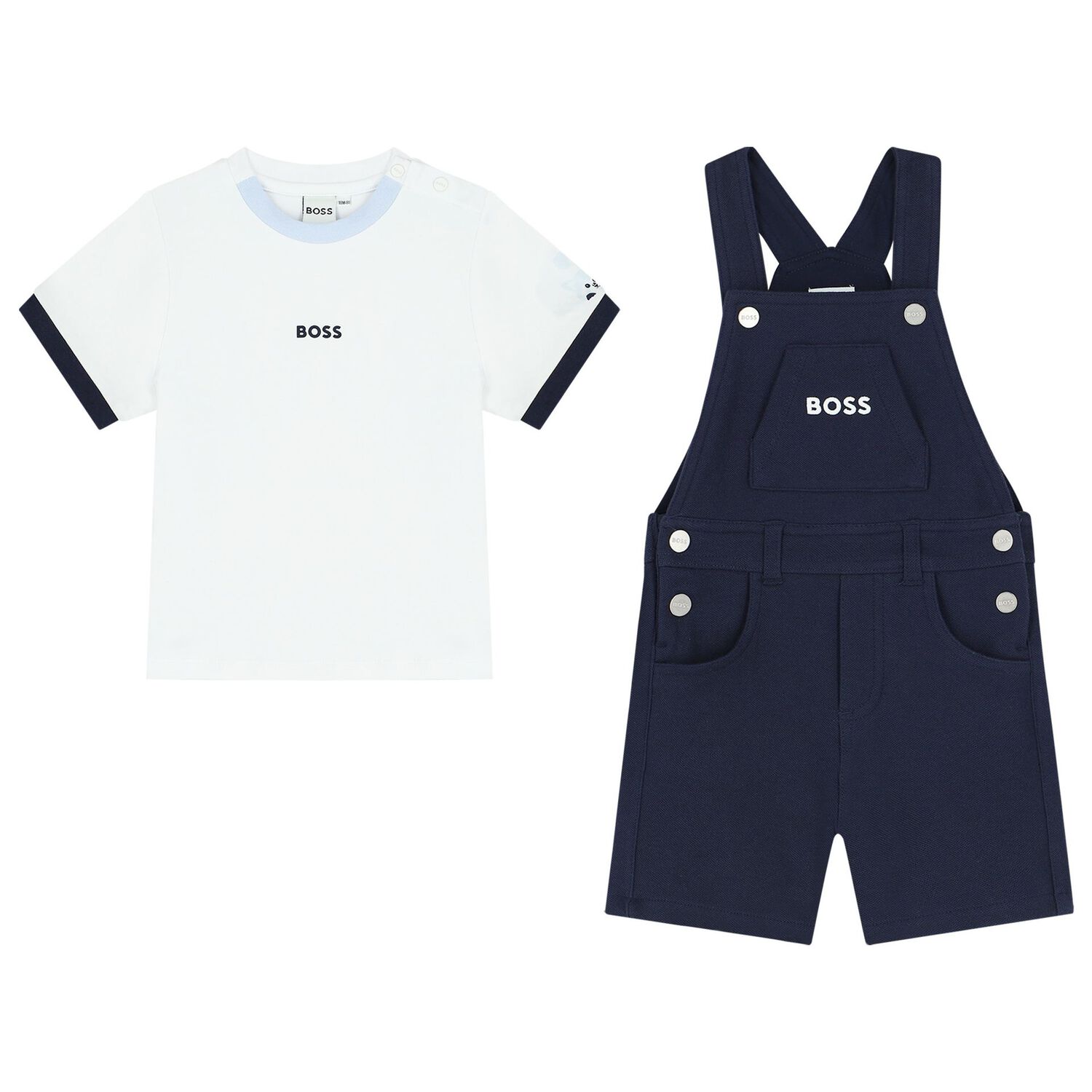 Baby Boys White & Navy Blue Logo Dungaree Set, 2, hi-res image number null