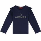 Girls Navy Blue Long Sleeve Logo Top, 1, hi-res